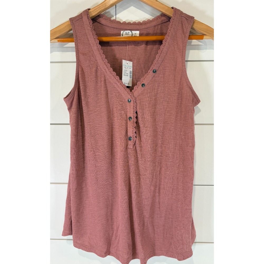 Maurices 24/7 Women's Medium M Dusty Rose Ribbed Henley Tank Top Lace V-Neck NWT
